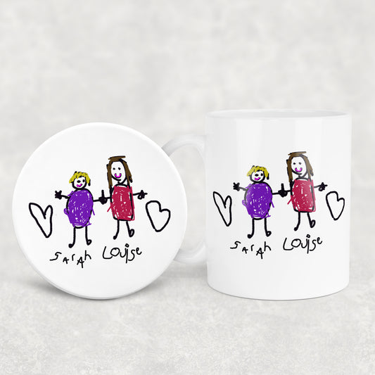 Two white mugs with hand-drawn illustrations of two girls holding hands and hearts, labeled 'Sarah Louise'.| Little Heirloom