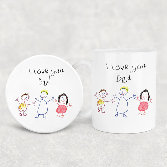 Two white ceramic items with drawings of a family and 'I love you Dad' text on a light gray background. | Little Heirloom