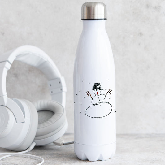 White water bottle with a snowman design next to white headphones on a light gray surface | Little Heirloom