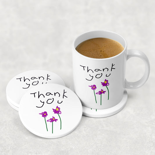 White mug and coasters with 'Thank you' and flower designs on a white background perfect for Teacher Gift | Little Heirloom