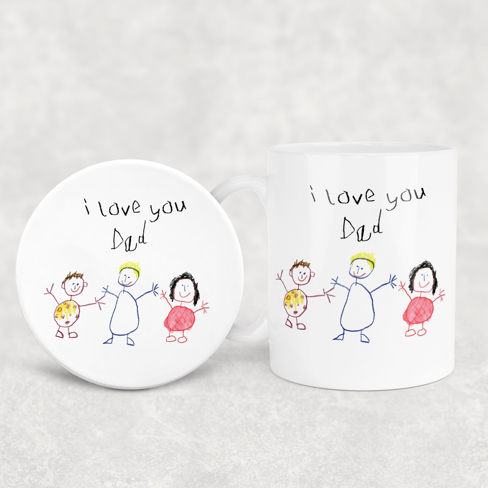 Two white ceramic items with drawings of a family and 'I love you Dad' text on a light gray background. | Little Heirloom