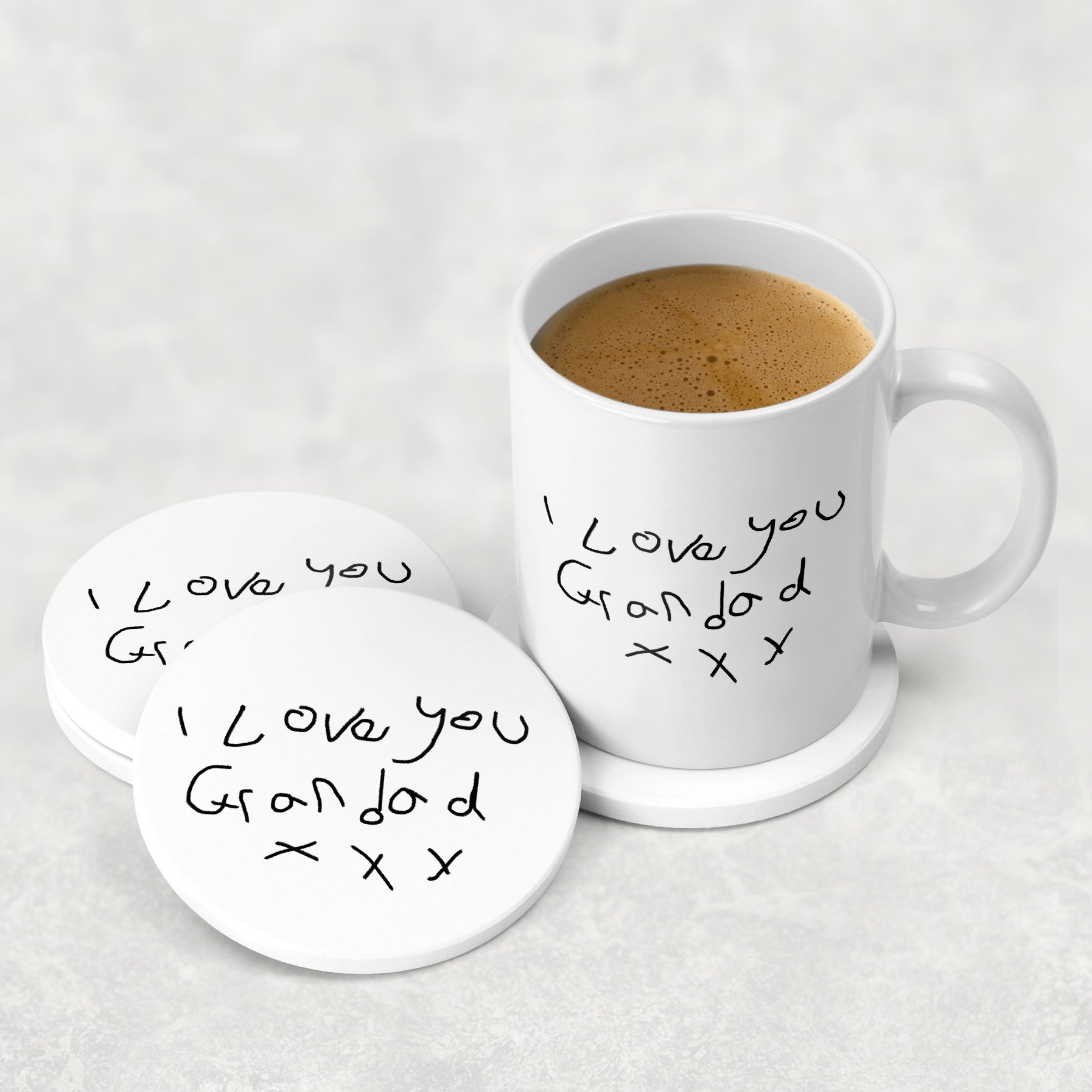 White mug with 'I Love you Grandad' text and matching coasters on a white background | Little Heirloom