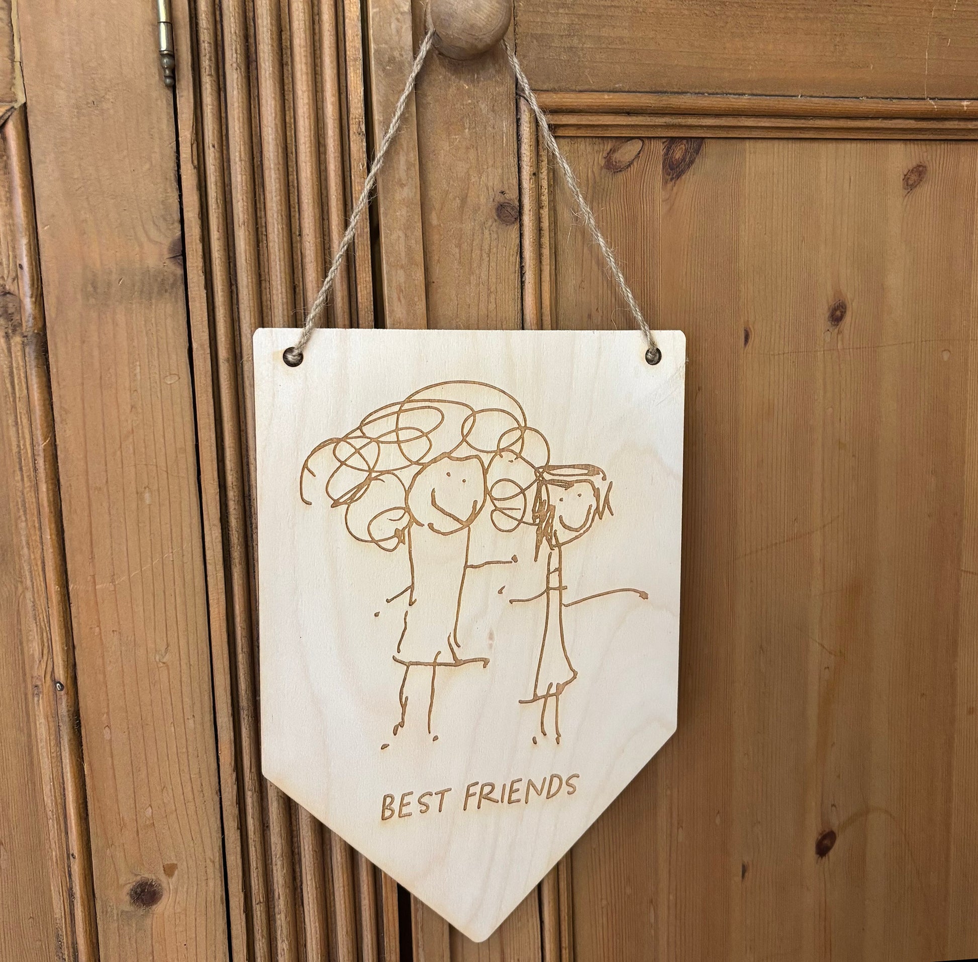 Child's drawing laser engraved onto wooden pennant flag wall hanging | Little Heirloom