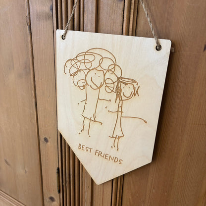Child's drawing laser engraved onto wooden pennant flag wall hanging | Little Heirloom