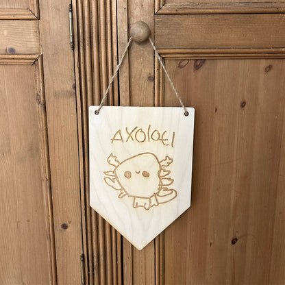 Child's drawing laser engraved onto wooden pennant flag wall hanging | Little Heirloom