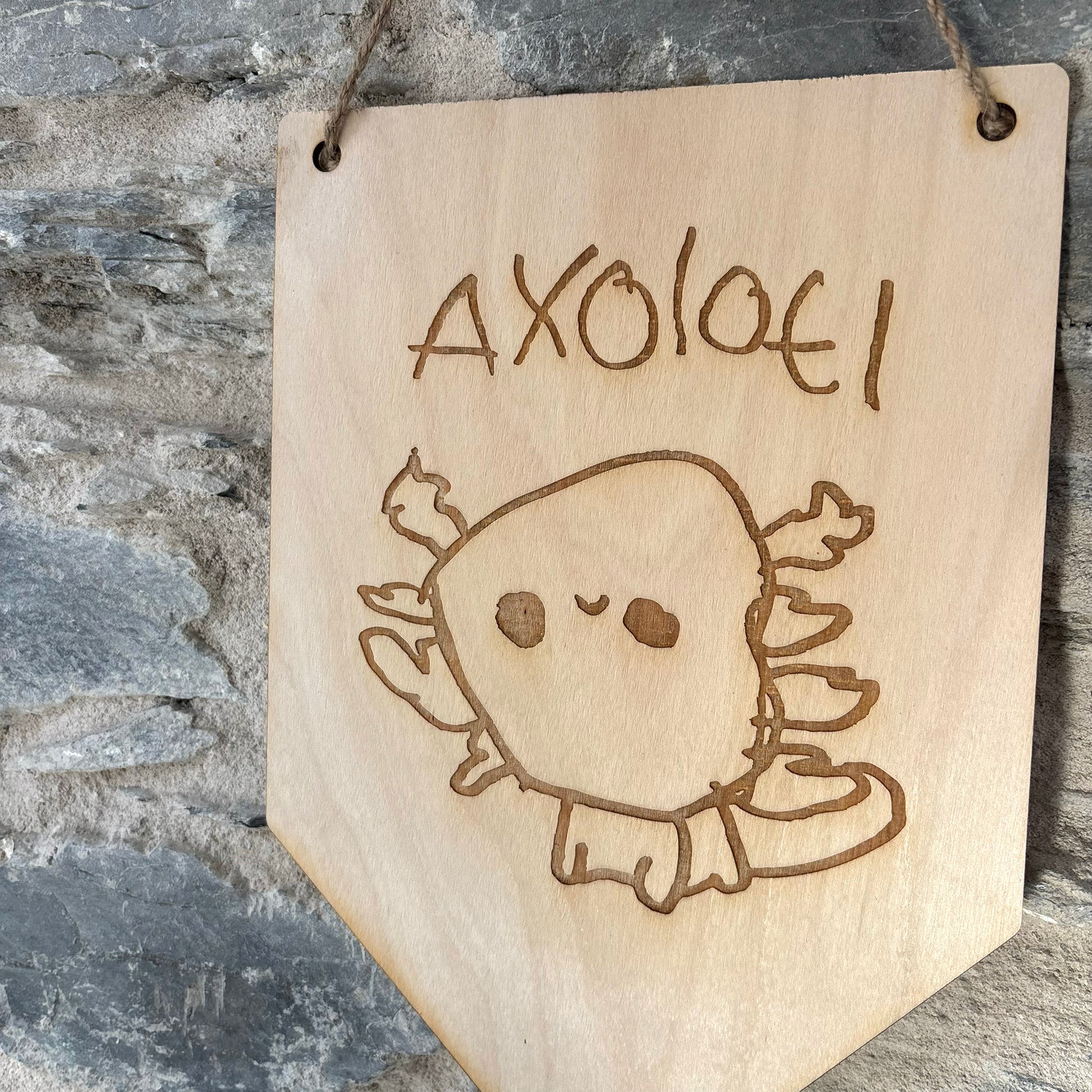 Child's drawing laser engraved onto wooden pennant flag wall hanging | Little Heirloom