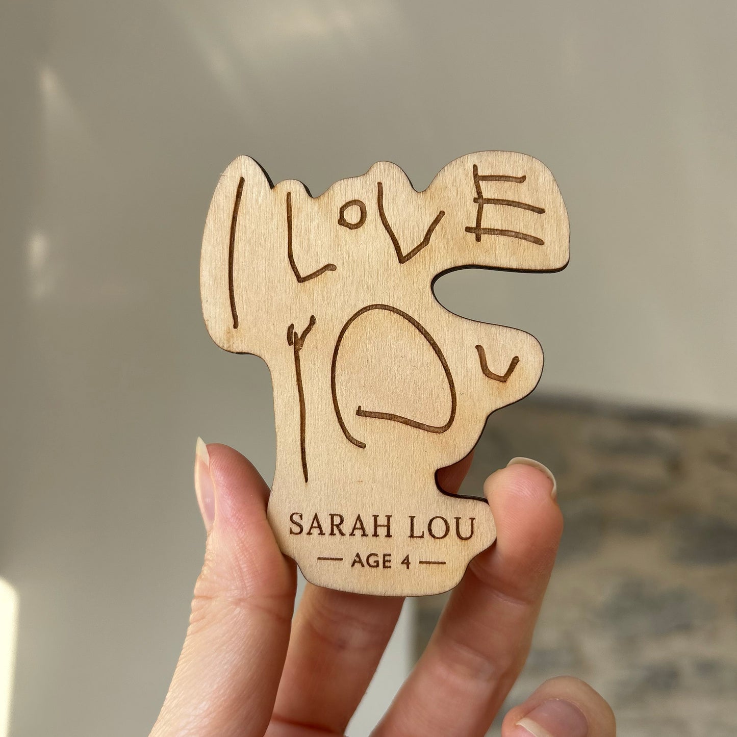 I Love you written by a child and laser engraved into a fridge magnet | Little Heirloom