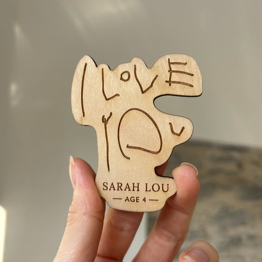 I Love you written by a child and laser engraved into a fridge magnet | Little Heirloom