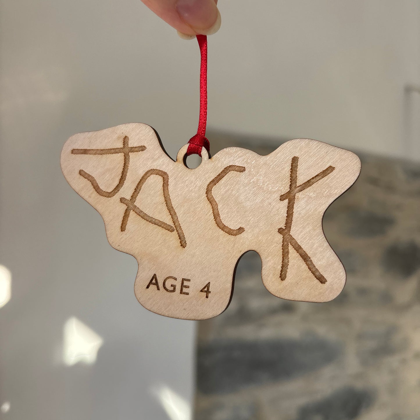 Child's Name Handwritten and engraved onto a wooden Christmas tree decoration | Little Heirloom