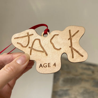 Child's Name Handwritten and engraved onto a wooden Christmas tree decoration | Little Heirloom