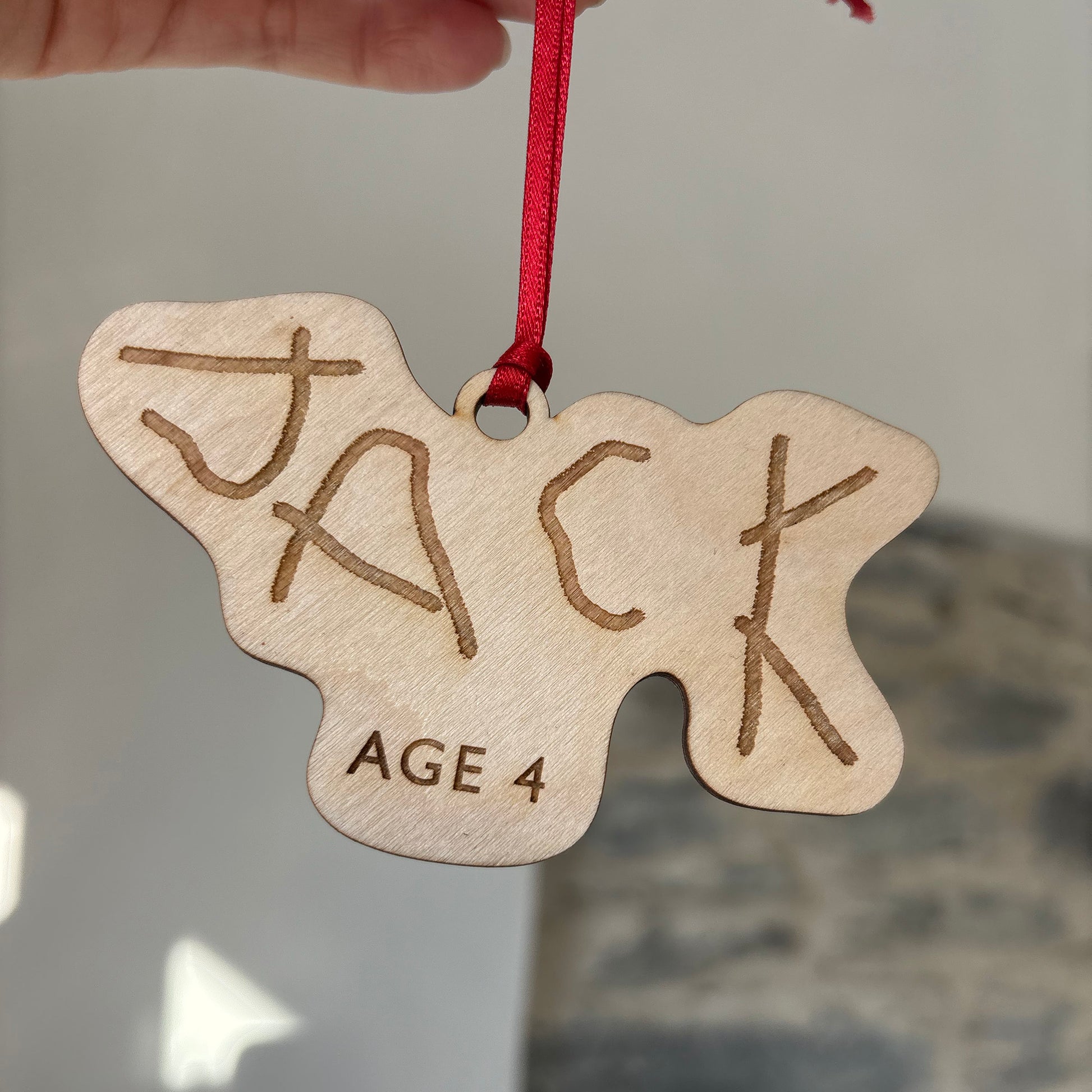 Child's Name Handwritten and engraved onto a wooden Christmas tree decoration | Little Heirloom