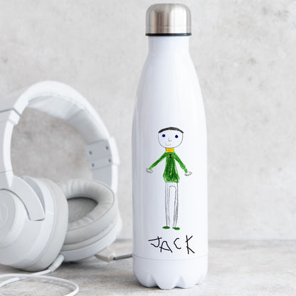 White water bottle with a drawing of a person and the name 'Jack', next to white headphones on a light gray background. | Little Heirloom | Little Heirloom