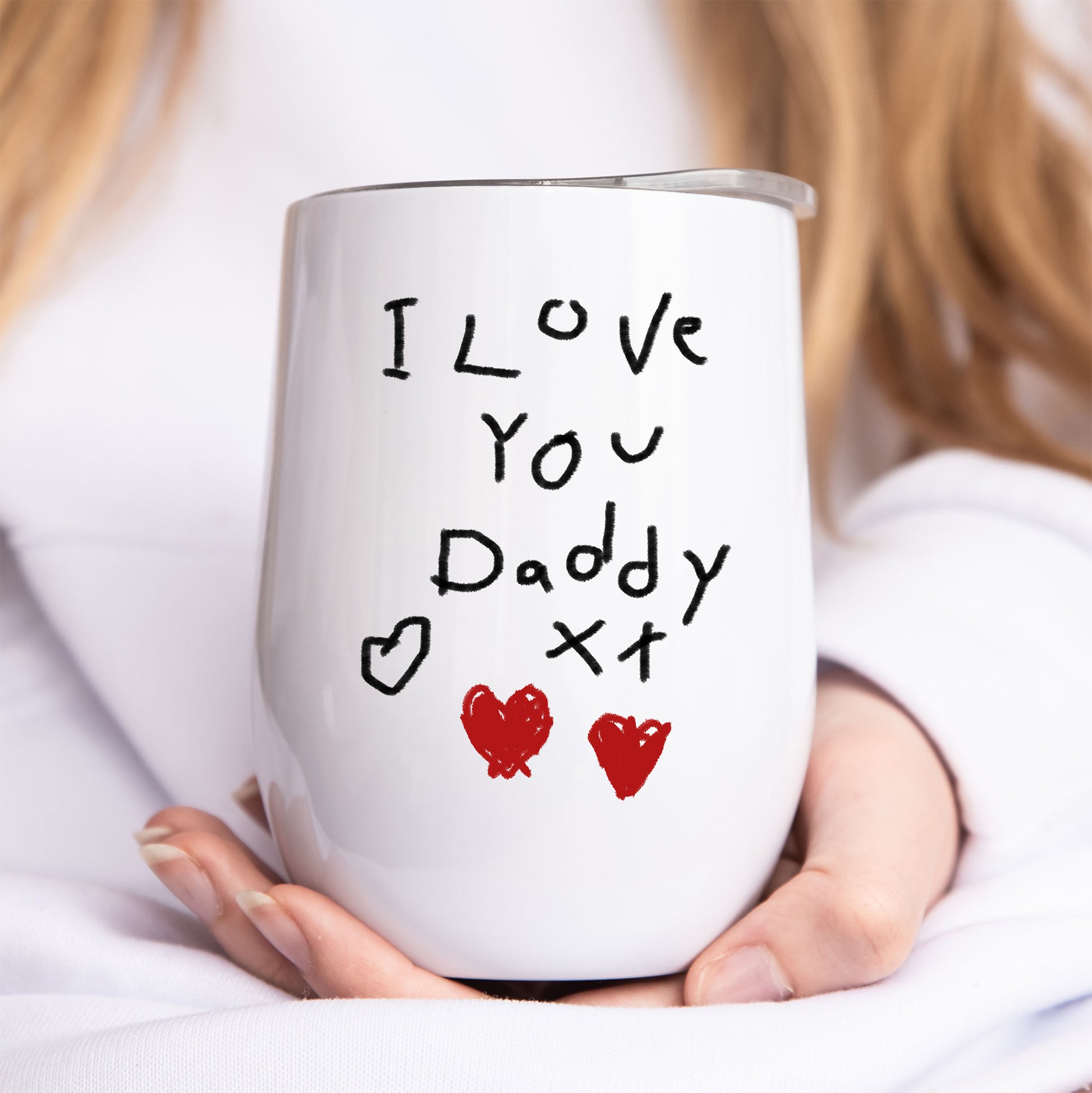 White mug with 'I Love You Daddy' text held by a person | Little Heirloom