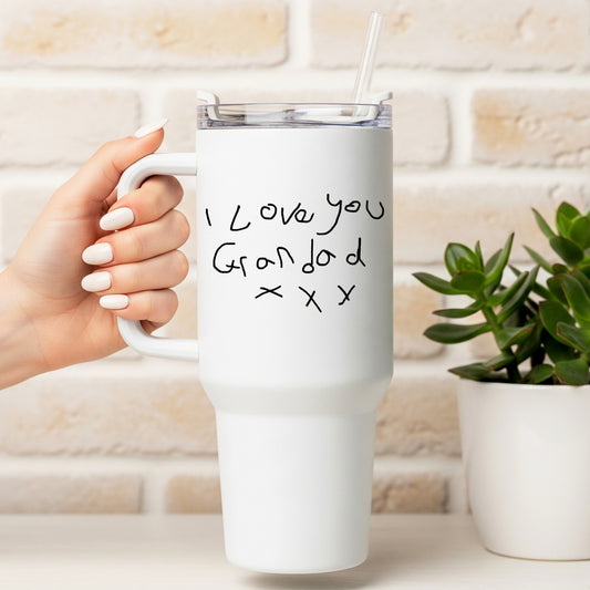 White mug with 'I Love you Grandad xoxo' text held by a hand, against a light brick wall. | Little Heirloom