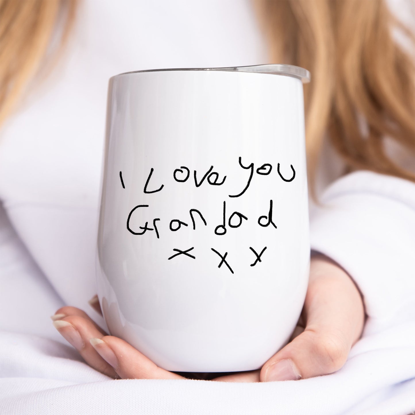 White mug with 'I Love you Grandad x x' text held by a person | Little Heirloom