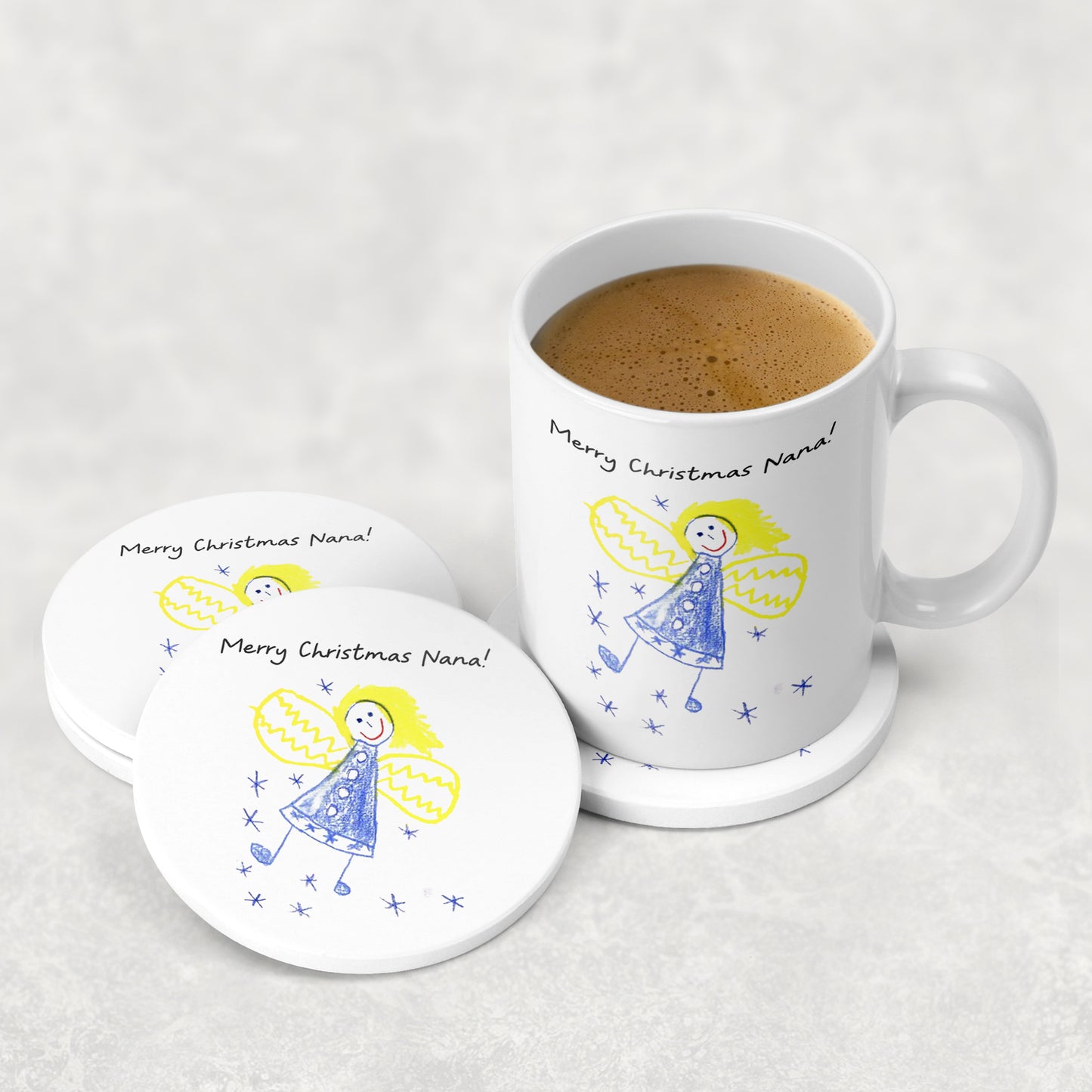 Mug and coaster set with angel design and 'Merry Christmas Nana' text on a white background | Little Heirloom
