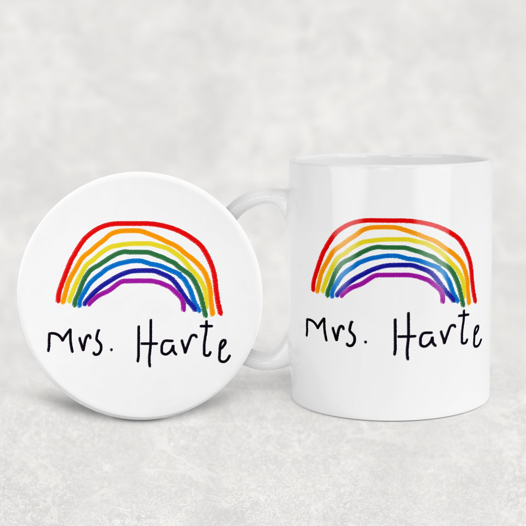 Teacher Mug and coaster set with rainbow design and 'Mrs. Harte' text on a white background | Little Heirloom