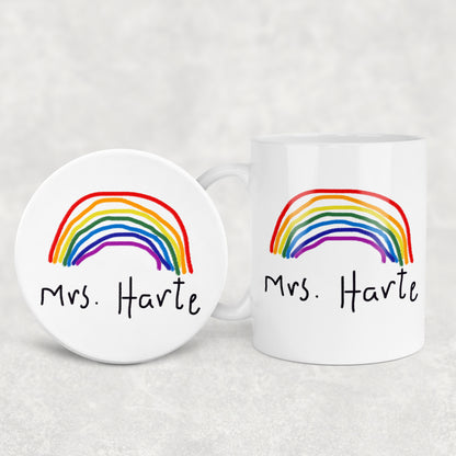 Teacher Mug and coaster set with rainbow design and 'Mrs. Harte' text on a white background | Little Heirloom