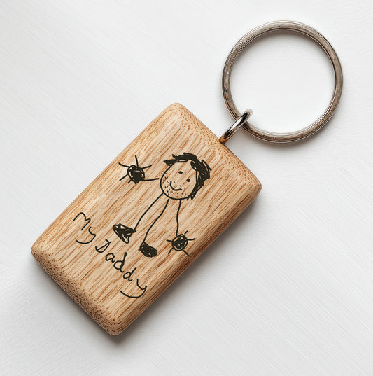 Wooden Keychain with Child's Drawing of Daddy on it | Little Heirloom