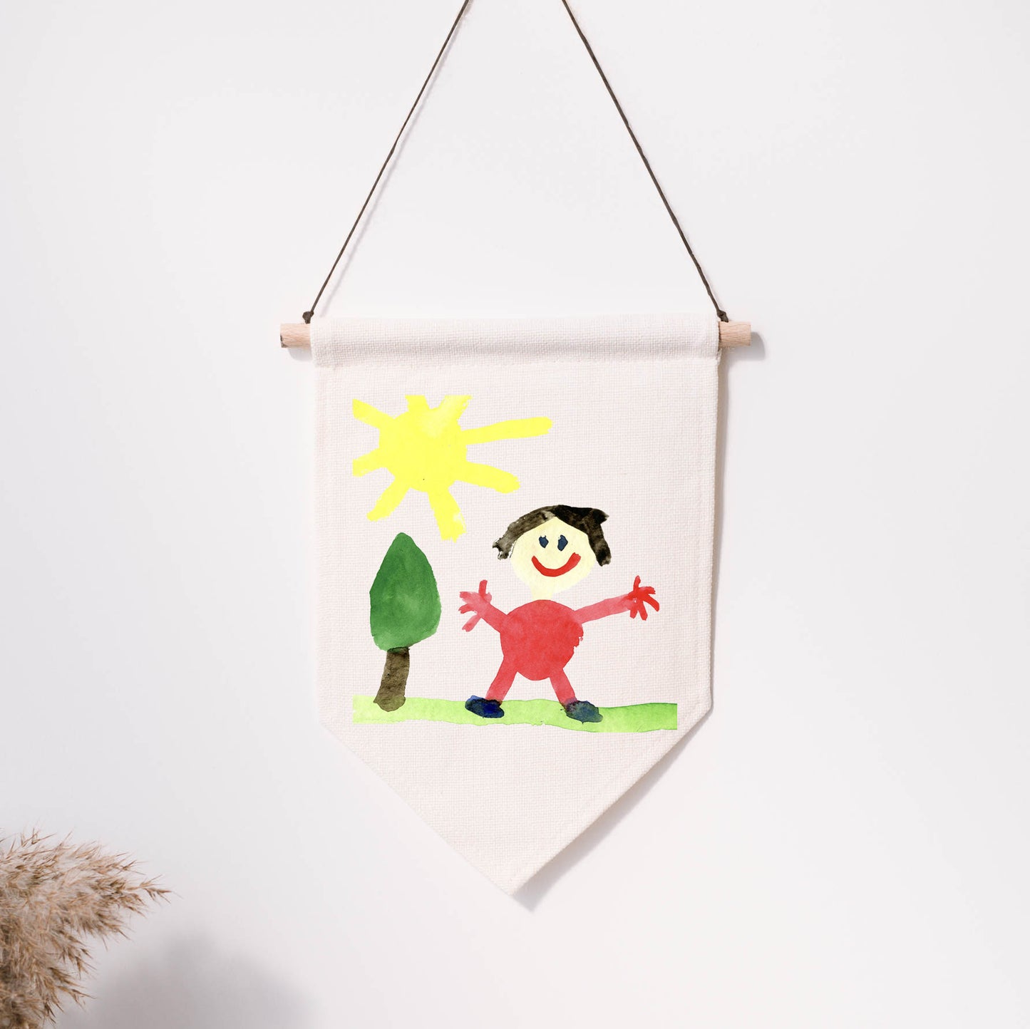 Handmade children's artwork with a sun, tree, and person on a white background | Little Heirloom