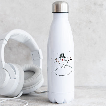 White water bottle with a snowman design next to white headphones on a light gray surface | Little Heirloom
