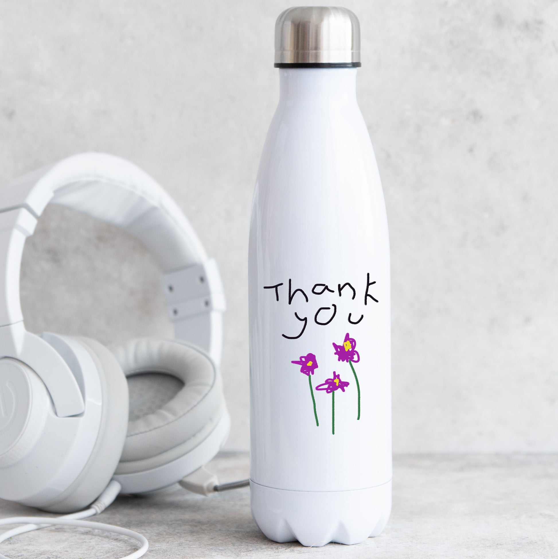 White insulated bottle with 'Thank you' and flowers on a light gray background | Little Heirloom