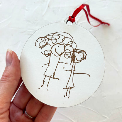 White Laser Engraved Wooden Ornaments Made from Children's Drawings | Little Heirloom